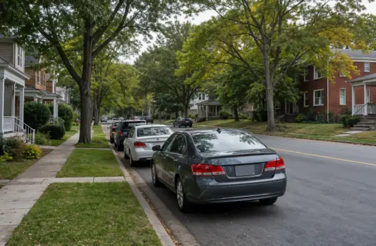 Cars parked along a curb on a tree-lined residential street