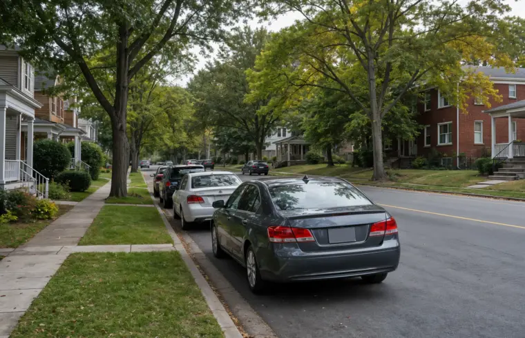 Cars parked along a curb on a tree-lined residential street