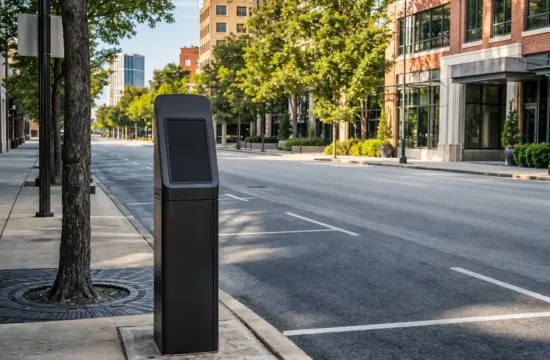A pay-by-plate parking pay station on a sidewalk kerbside on a tree-lined street with mid-rise buildings, illustrating how on-street parking meters work in Atlanta.
