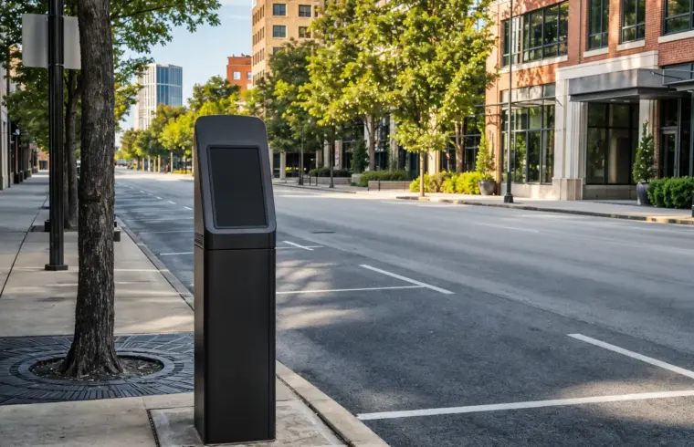A pay-by-plate parking pay station on a sidewalk kerbside on a tree-lined street with mid-rise buildings, illustrating how on-street parking meters work in Atlanta.