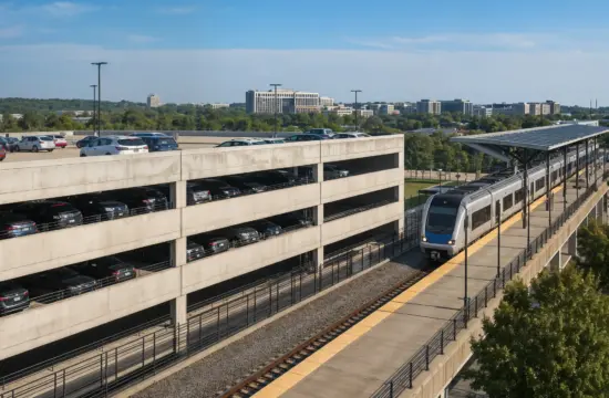 A multi-level parking deck beside a commuter rail platform, with a train at the platform and cars parked on every level