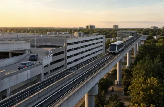 A multi-level parking garage with curving ramps at golden hour and an elevated people-mover train beside it, illustrating airport parking near a major Southeastern US airport.