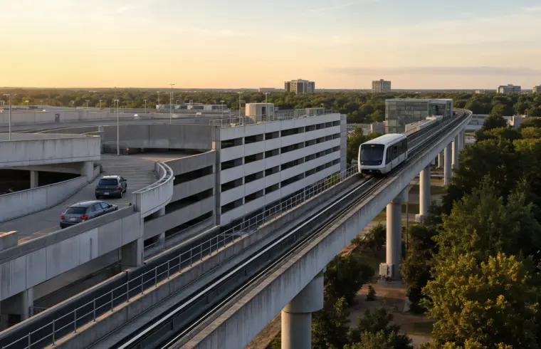 A multi-level parking garage with curving ramps at golden hour and an elevated people-mover train beside it, illustrating airport parking near a major Southeastern US airport.