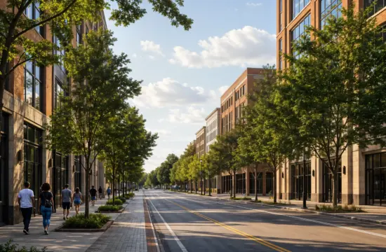 A broad downtown avenue lined with mid-rise buildings and mature street trees, with a few people walking on the sidewalk near an entrance area, illustrating a guide to parking at Atlanta attractions.
