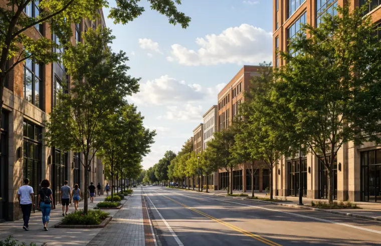 A broad downtown avenue lined with mid-rise buildings and mature street trees, with a few people walking on the sidewalk near an entrance area, illustrating a guide to parking at Atlanta attractions.