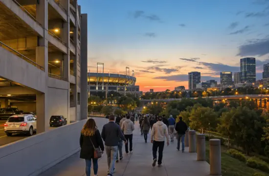 A multi-level parking garage at dusk with a stream of people walking along a sloping walkway toward a lit stadium structure and downtown towers.