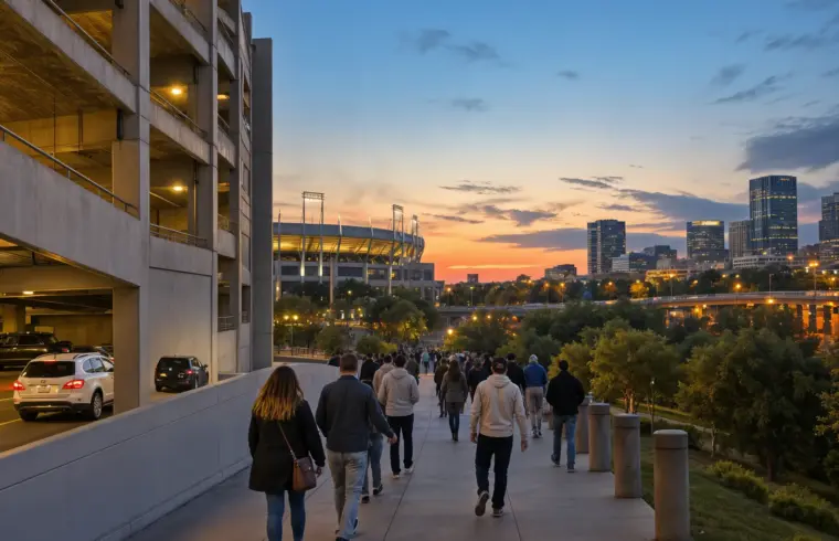 A multi-level parking garage at dusk with a stream of people walking along a sloping walkway toward a lit stadium structure and downtown towers.