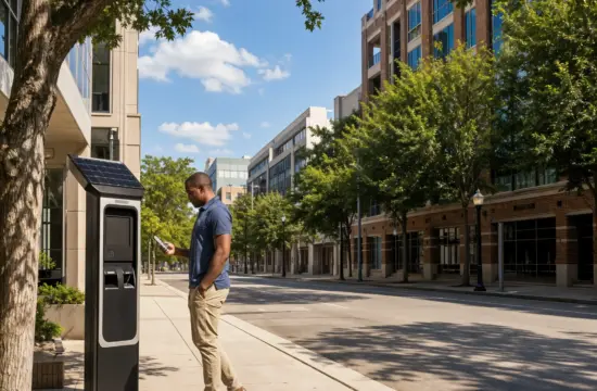 A person standing beside an on-street parking pay station on a downtown sidewalk, looking at a smartphone, with mid-rise buildings and a tree-lined street.