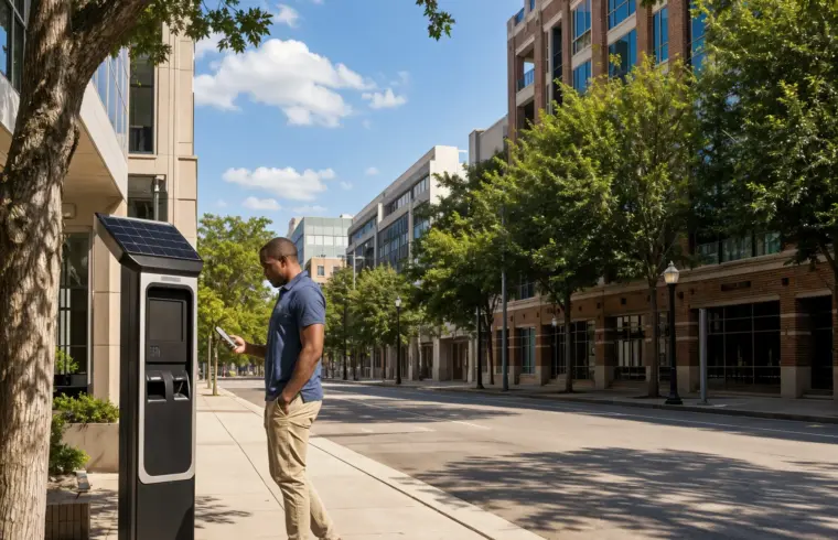 A person standing beside an on-street parking pay station on a downtown sidewalk, looking at a smartphone, with mid-rise buildings and a tree-lined street.